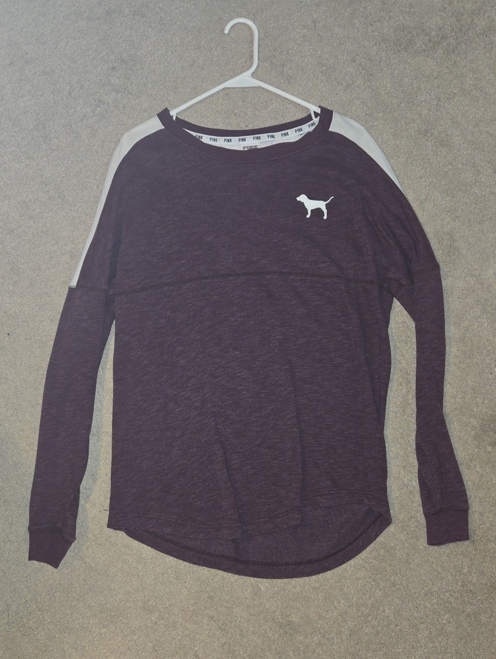 PINK Victoria's Secret Long-Sleeve Raglan Crew in Plum with White Accents